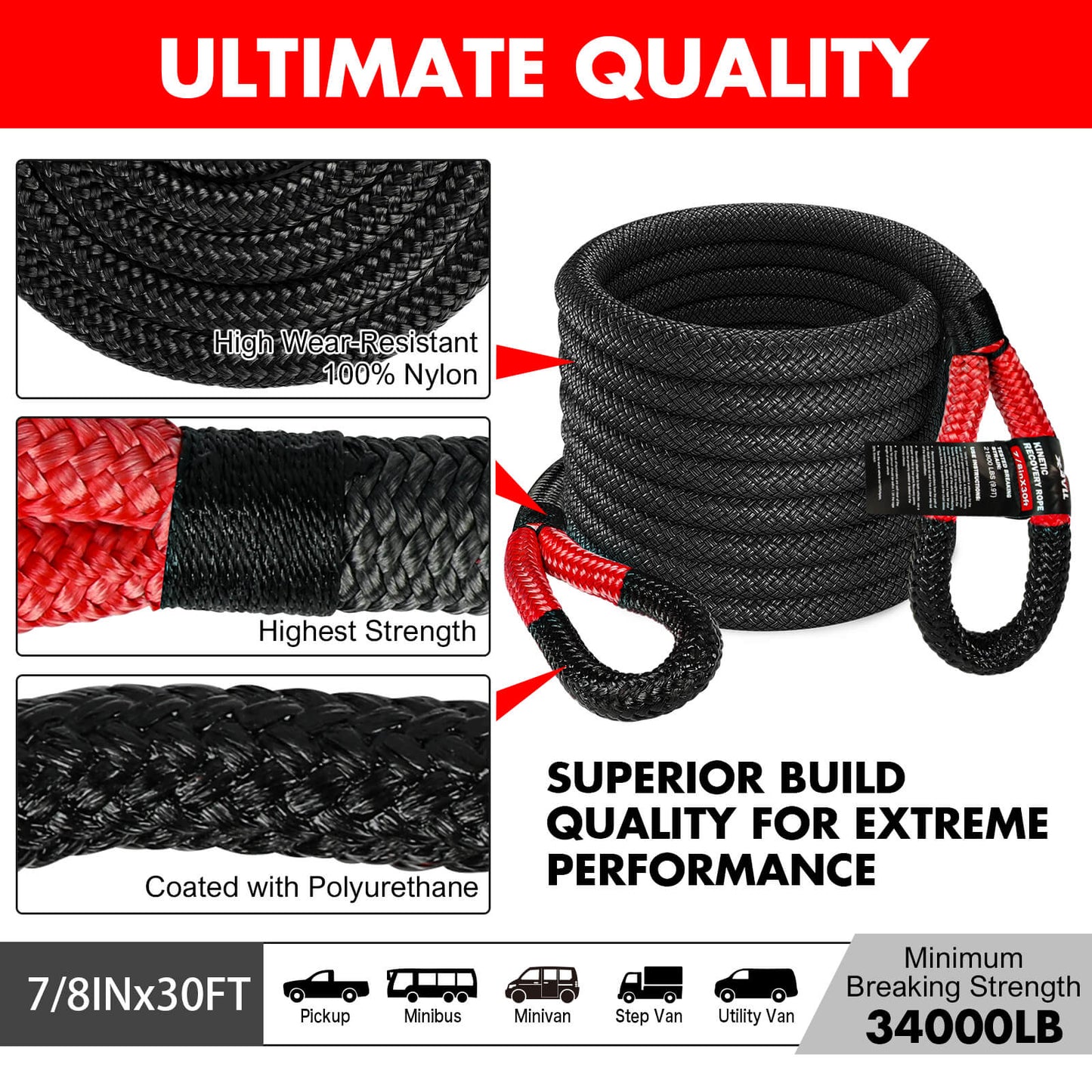 X-BULL Snatch Strap Soft Shackles Kinetic Recovery Rope Folding Shovel Survival