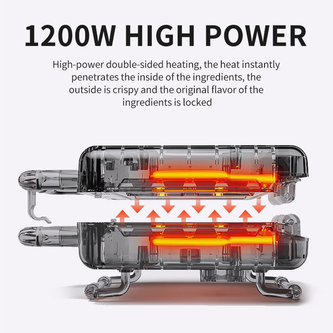 High-power double-sided heating device with clear casing and red interior, labeled '1200W High Power'.