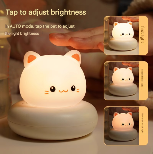 White Cat Cute Animal LED Night Light - Rechargeable Silicone Nursery Lamp with Tap Control, Dimmable Bedside Light for Kids