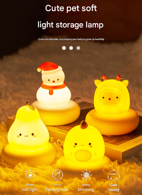 White Moon Shape Snowman Cute Animal LED Night Light - Rechargeable Silicone Nursery Lamp with Tap Control, Dimmable Bedside Light for Kids