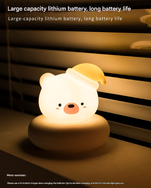 White Moon Shape Snowman Cute Animal LED Night Light - Rechargeable Silicone Nursery Lamp with Tap Control, Dimmable Bedside Light for Kids