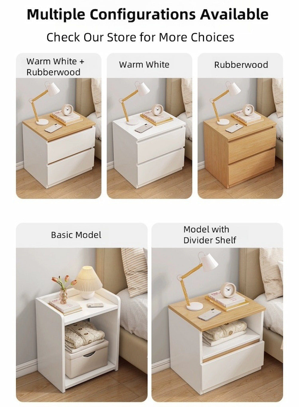 2x Modern bedside table set with drawers, minimalist design, white finish.